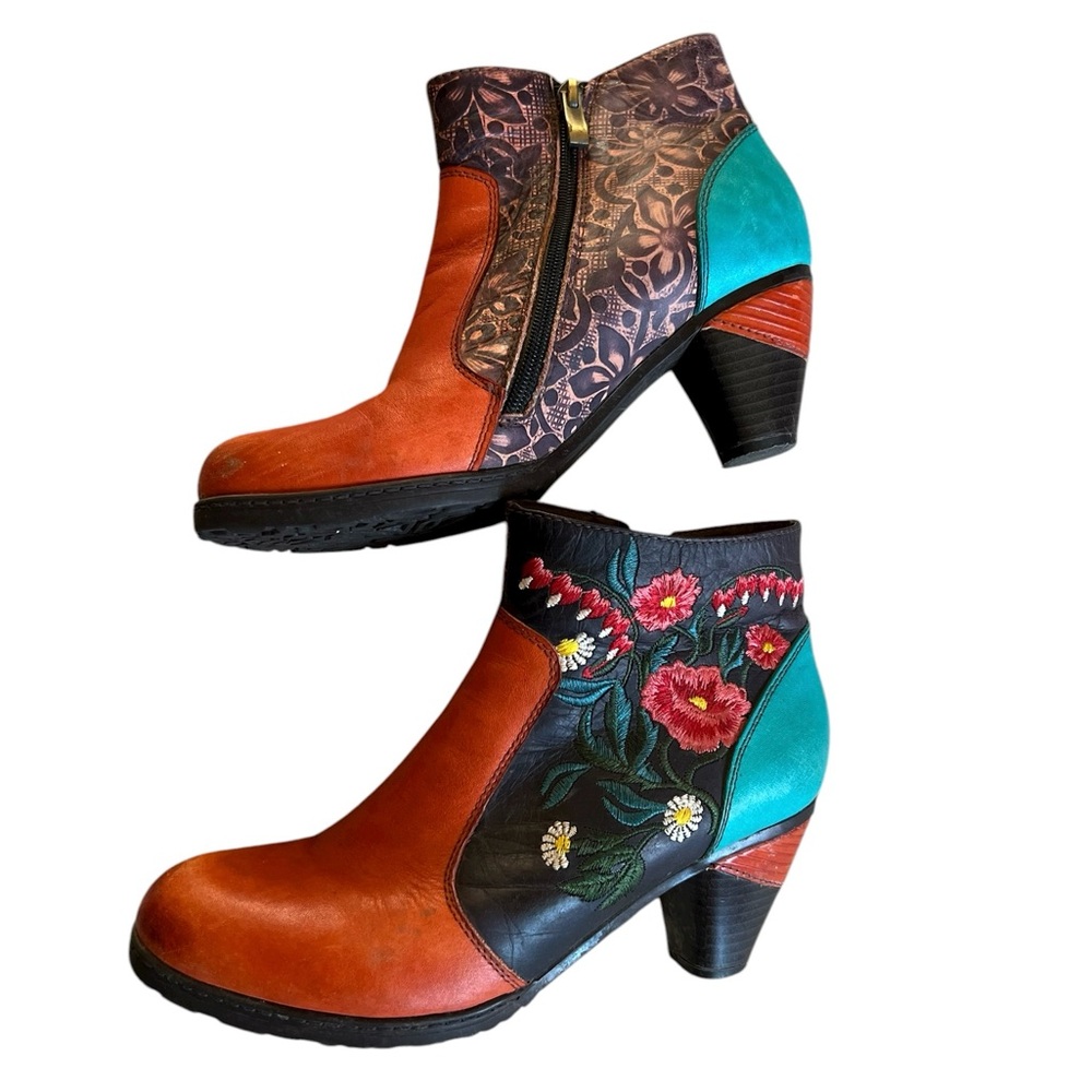 Socofy Womens Leather Heeled Boots Size 39/8 Embroidered Patchwork Hippie Fairy